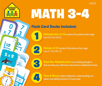 School Zone Math 3-4 4-Pack Flash Cards: 224 Cards, 3rd Grade, 4th Grade, Multiplication 0-12, Division 0-12, Math War Multiplication Game Cards, Time & Money, Telling Time, Coin Values, Ages 6+
