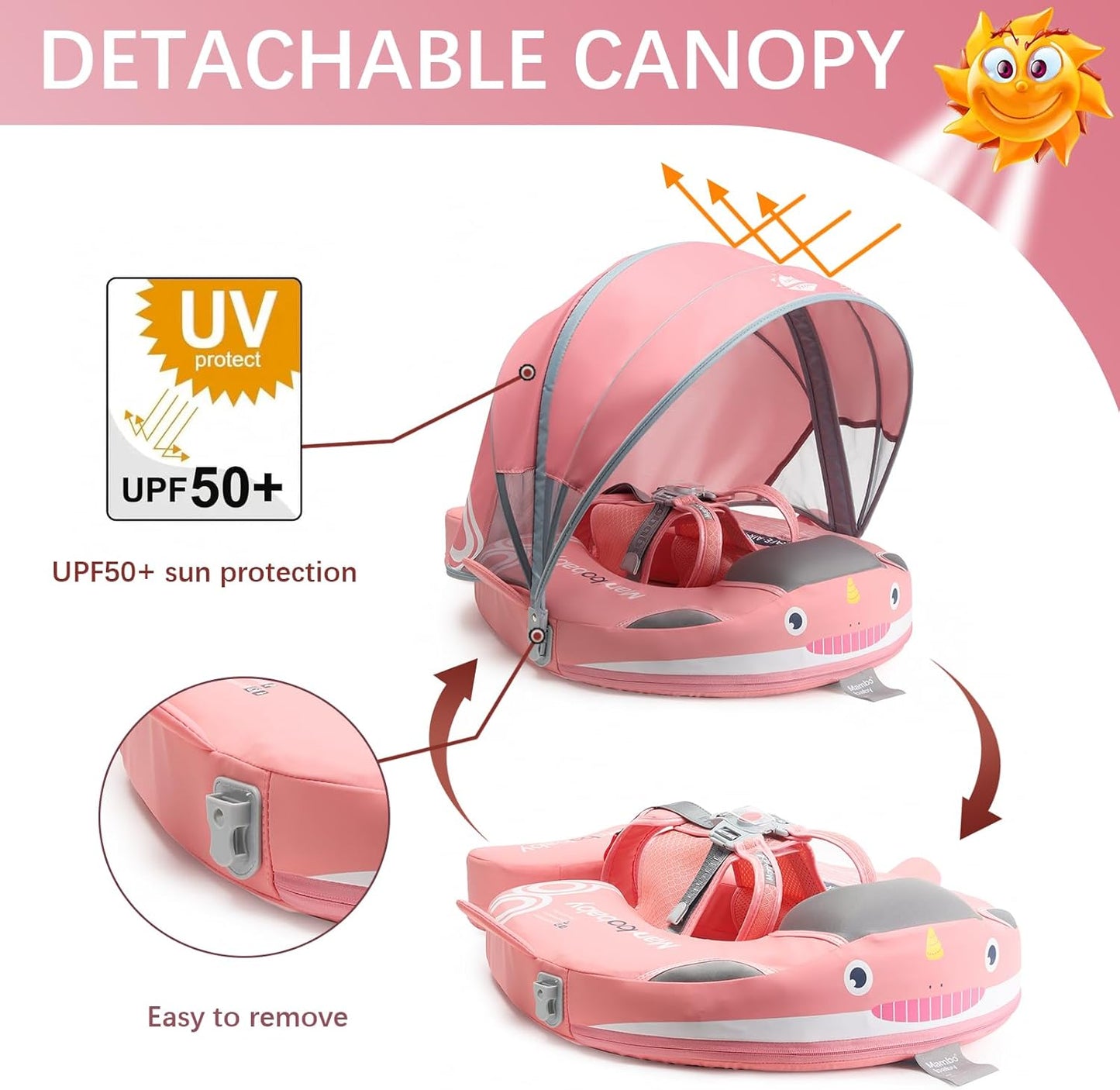 Baby Pool Float with UPF50+ 3D Adjustable Canopy, Add Tail Mambobaby Float Non Inflatable Infant Floats for Pool, Cartoon Narwhal Baby Floats (NPink with Canopy-U05NPCTLUROHML01U05)