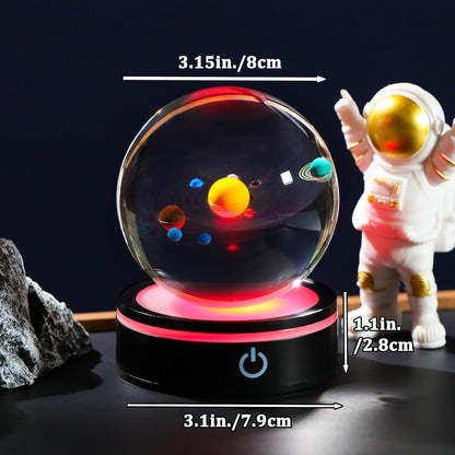 YWHL 3D Solar System Crystal Ball 80mm with Light Base, Laser Engraved Glass Planet Solar System Model Sphere Night Light Decor Space Universe Astronomy Gifts for Women Men Teens Boys and Girls
