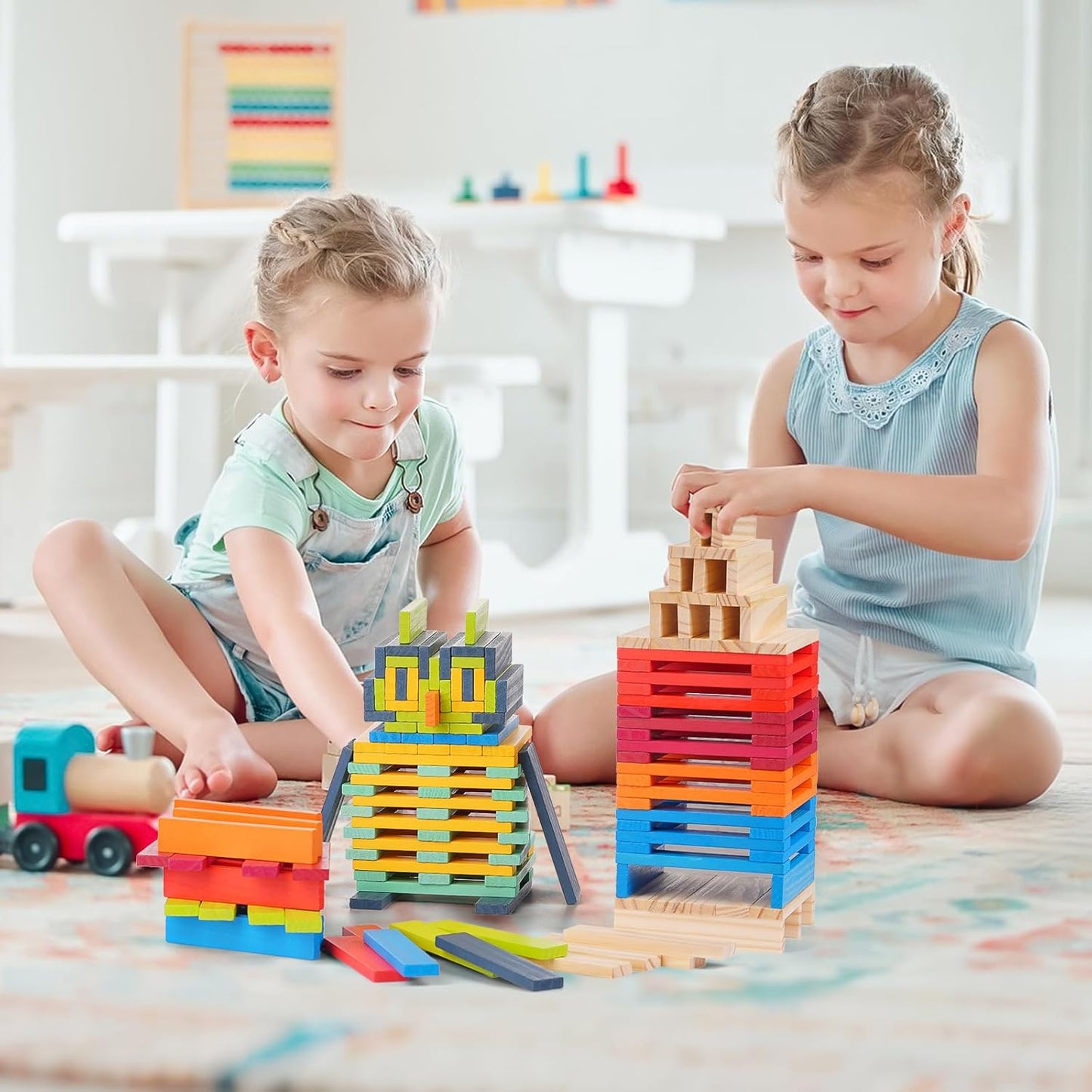 Hayder Classic Wooden Building Blocks Set, 100PCS Solid Wood Blocks in 9 Colors Stacking Educational Toy Set for Kids