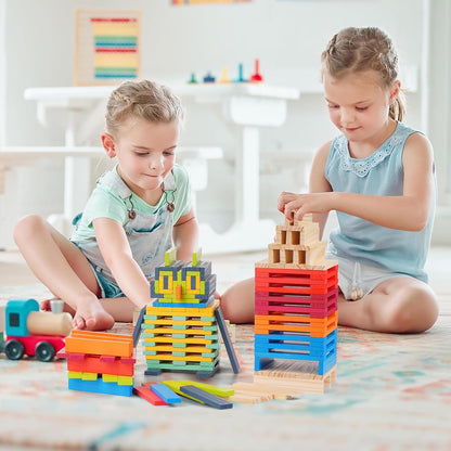 Hayder Classic Wooden Building Blocks Set, 100PCS Solid Wood Blocks in 9 Colors Stacking Educational Toy Set for Kids
