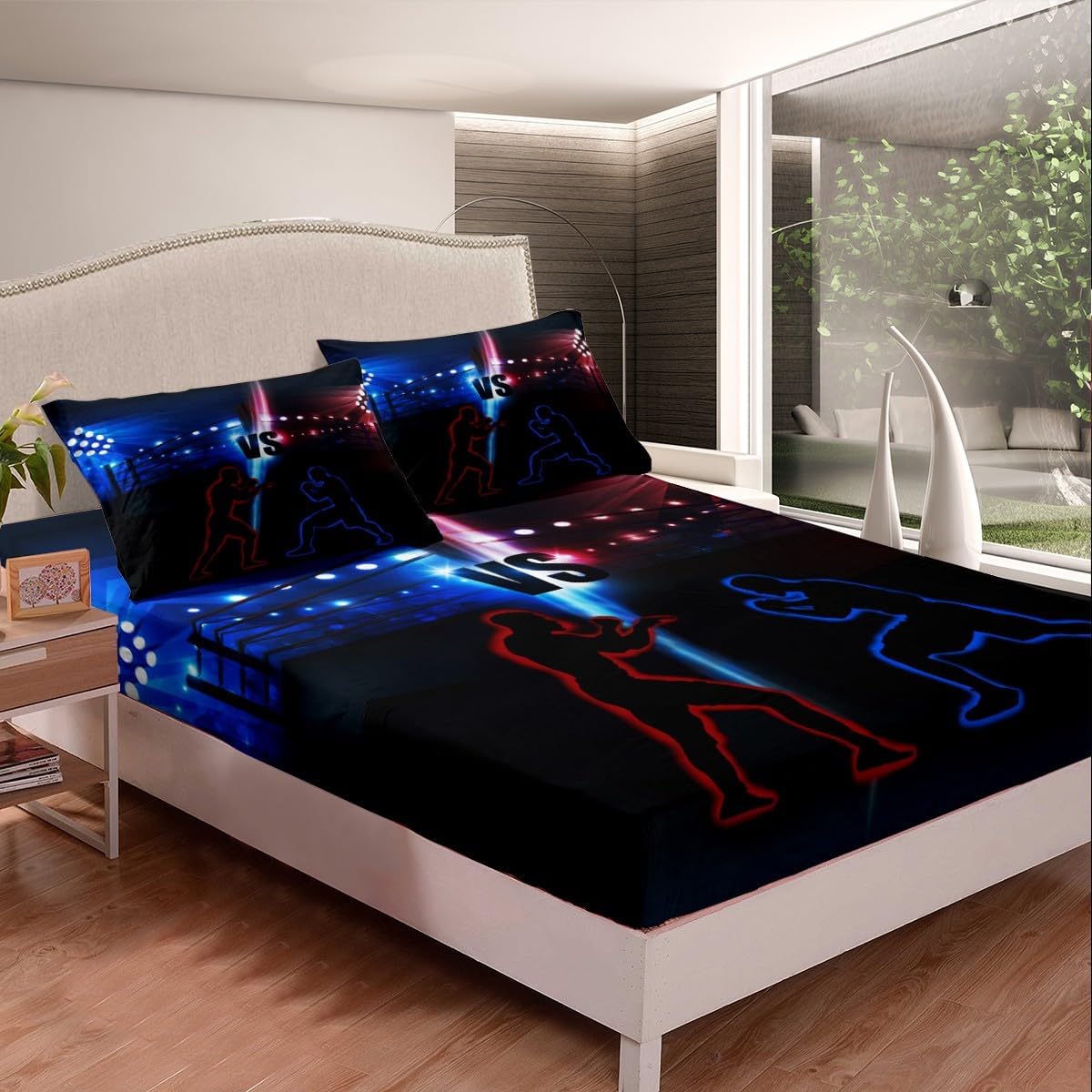 Manfei Musical Kids Fitted Sheet Full Size, MusicalGuitar Radio Drum Kit Headset Print Bedding Set 3pcs for Boys Girls, Rock Music Bed Cover with 2 Pillowcases, Soft Polyester Bedding, No Top Sheet