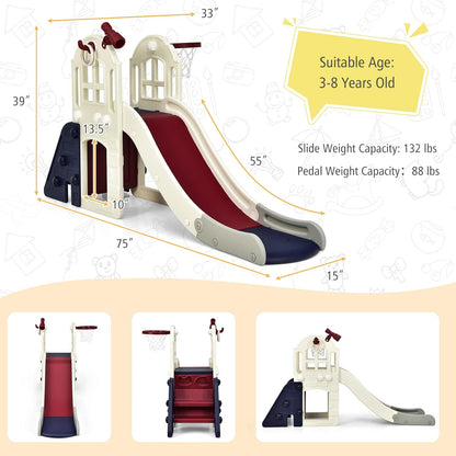 BABY JOY Toddler Slide, 6-in-1 Indoor Kids Slide Playset with Basketball Hoop, Telescope, Climbing Ladder & Storage Space, Freestanding Playhouse & Climber for Kids Aged 1-3 (Pink)