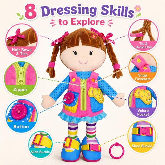 June Garden 16" Dressy Friends Bunnie - Educational Stuffed Plush Doll for Kids and Toddlers 2 Years and Up - Montessori Soft Toy Doll