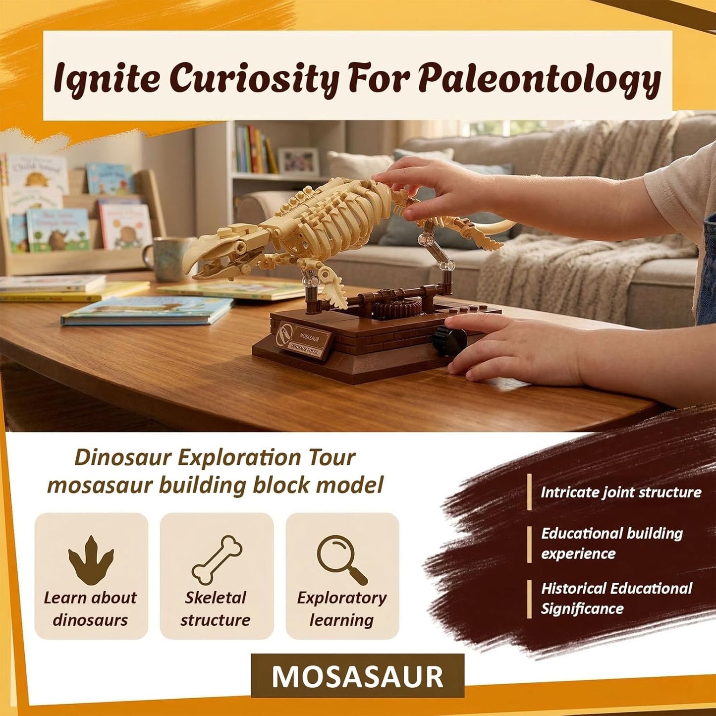 Mosasaurus Fossil Building Block Set – Mechanical Dinosaur Skeleton Model with Gear-Driven Movement and Display Base
