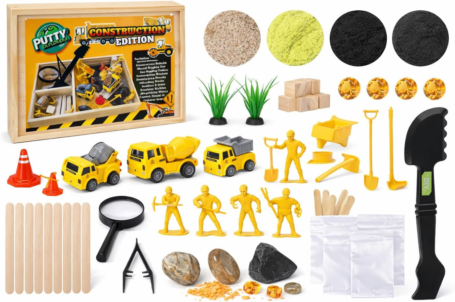Construction Sensory Bin for Kids - DIY Jr Putty Explorers Wooden Sensory Play Kit with Play Sand, Trucks, Tools & Gems - Montessori STEM Fine Motor Toy for Toddlers & Preschool Boys 3+