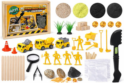 Construction Sensory Bin for Kids - DIY Jr Putty Explorers Wooden Sensory Play Kit with Play Sand, Trucks, Tools & Gems - Montessori STEM Fine Motor Toy for Toddlers & Preschool Boys 3+