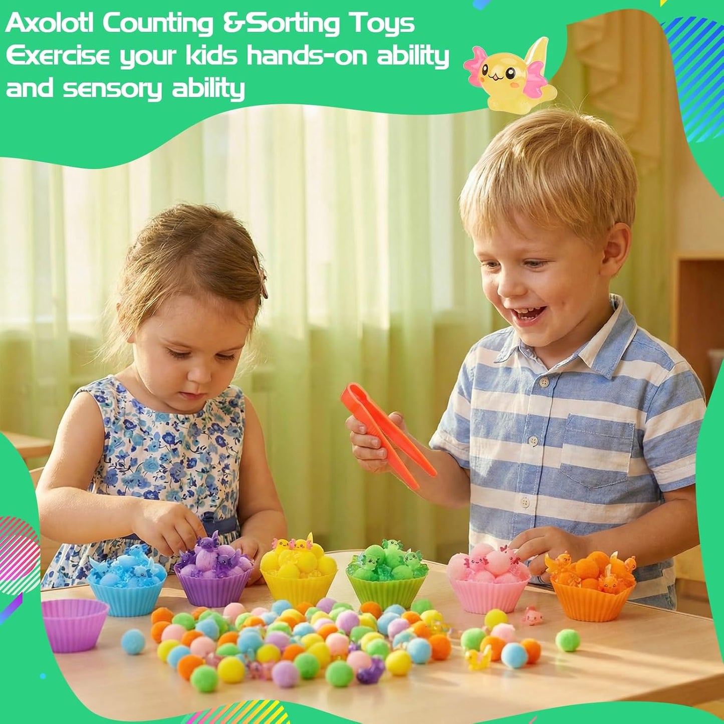 320 Pcs Sensory Bin Fillers Include 200 Pompoms 60 Simulated Ice Cubes 42 Resin Axolotl 12 Cups 4 Tweezers 2 Clips Fine Motor Skills Toys Set Sensory Table Filler