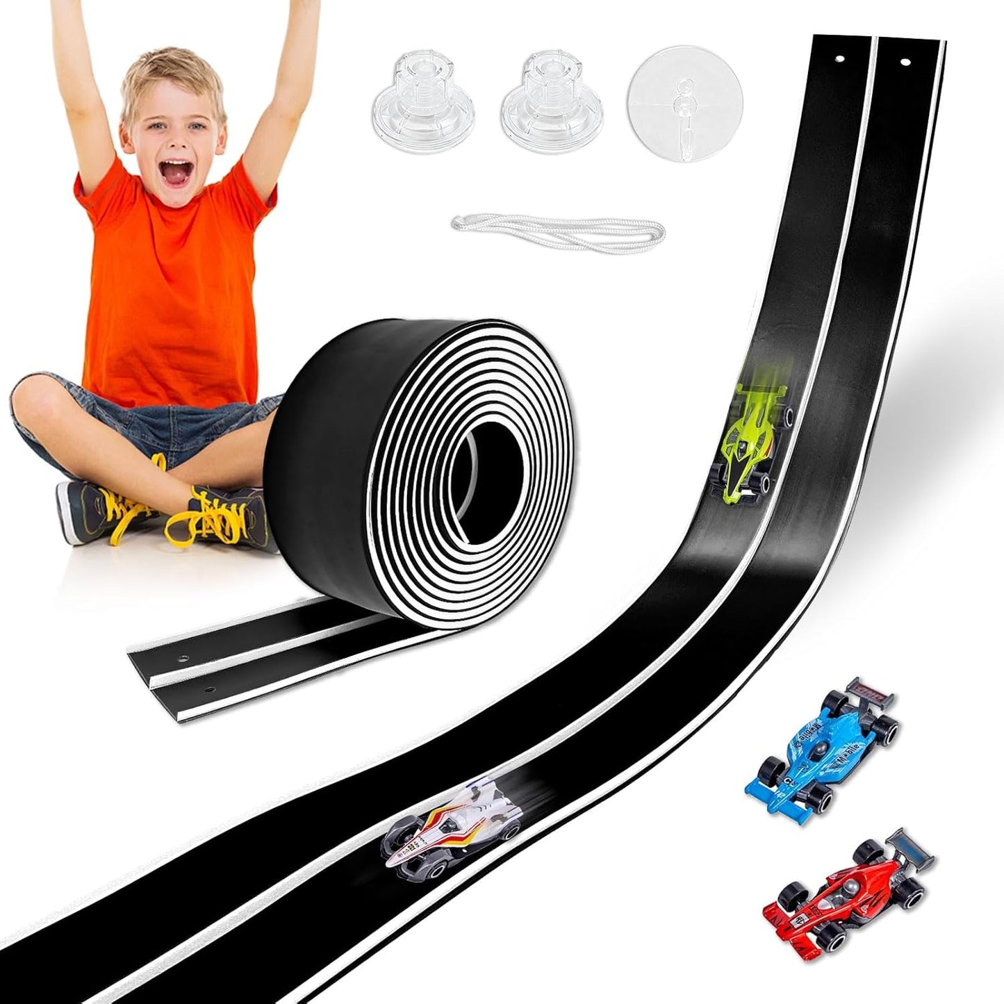 Flexible Race Track Toys for Kids, 15 Ft Double Lane Racetrack with 4 Cars & Suction Cups, Compatible with Hot Wheels & 1/64 Diecast Cars, Portable Roll Up Car Ramp Track Set for Ages 3+(Yellow&Blue)