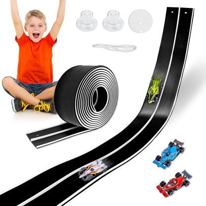 Flexible Race Track Toys for Kids, 15 Ft Double Lane Racetrack with 4 Cars & Suction Cups, Compatible with Hot Wheels & 1/64 Diecast Cars, Portable Roll Up Car Ramp Track Set for Ages 3+(Yellow&Blue)