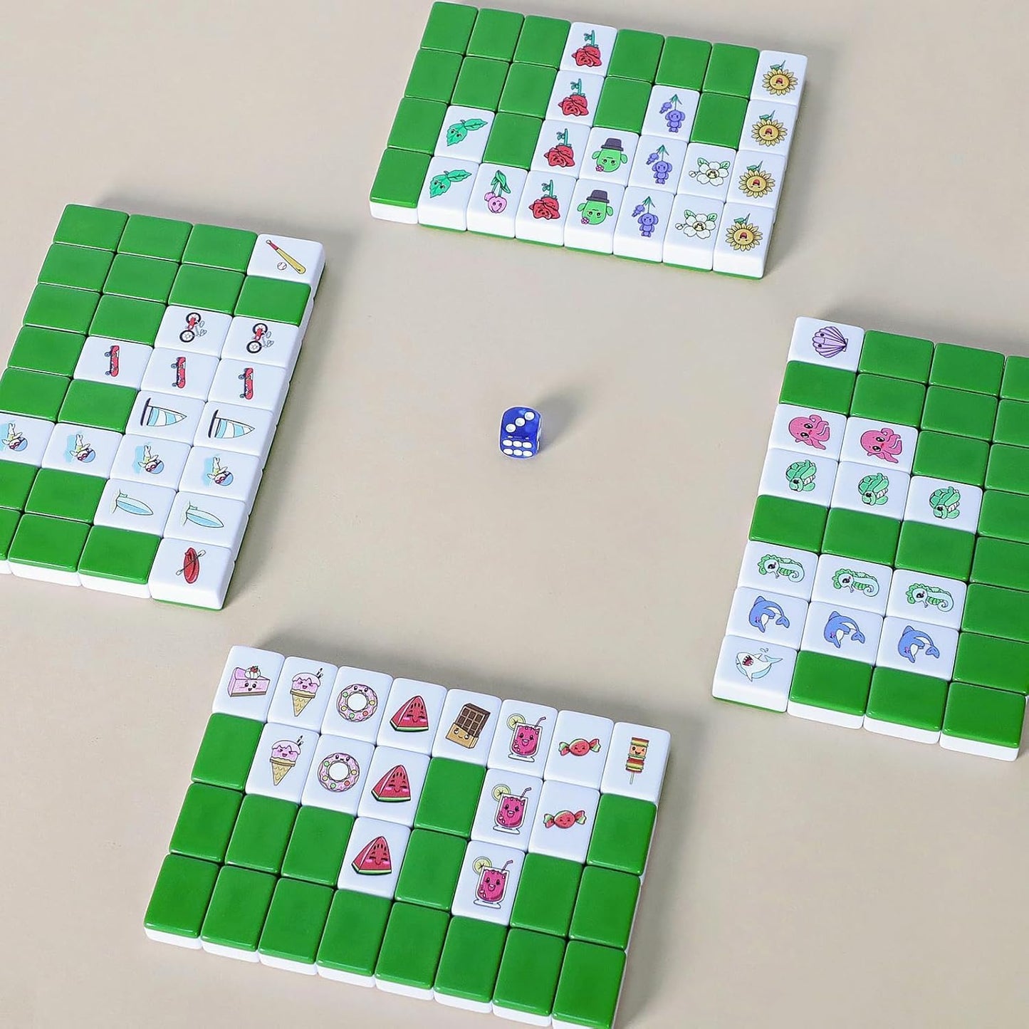 GRACIAS 4 Players Mahjong Block Set, 128 Green Tiles(1.18”) with 4 Different Patterns, Portable Mahjong Set with A Carry Bag & English Instruction, Mahjong Tile Game
