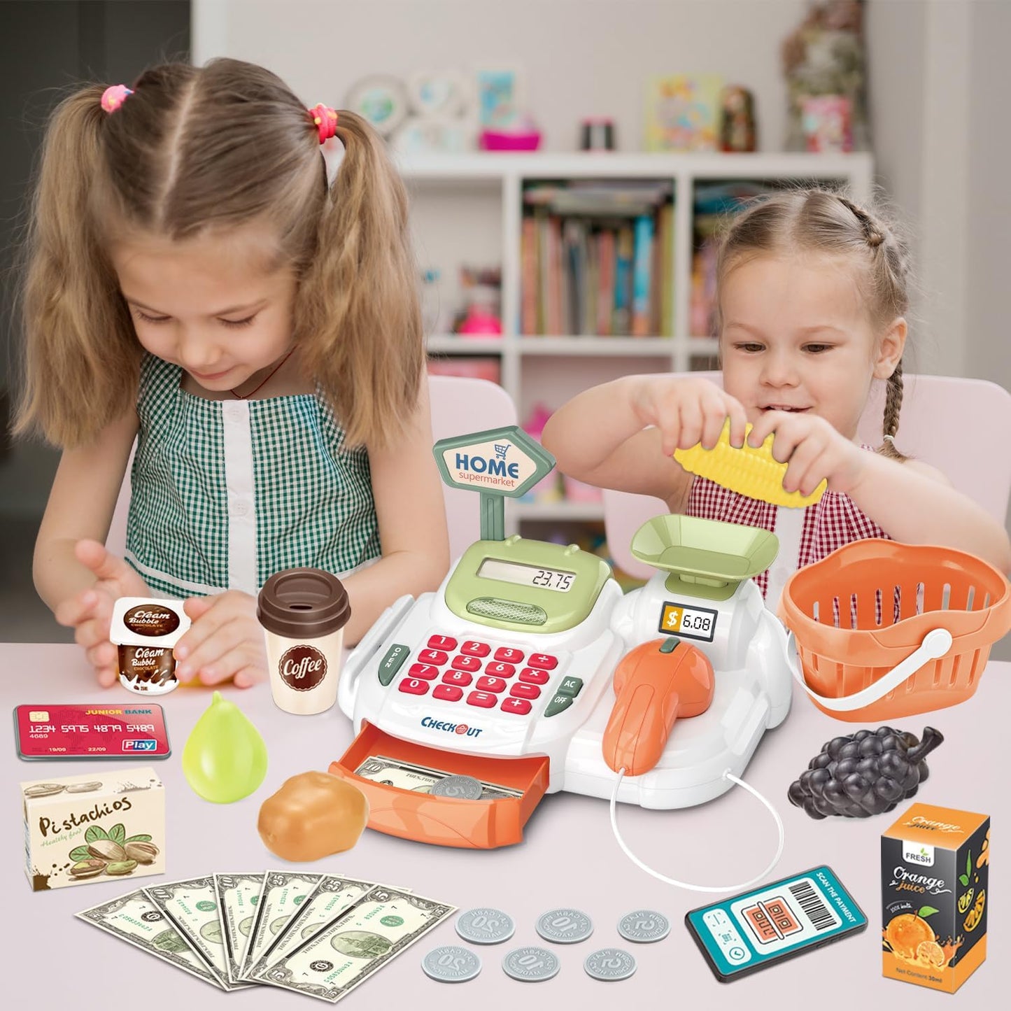 Cash Register 36PCS Supermarket Shop Toys with Electronic Sounds,Working Scanner,Calculator,Credit Card Reader,Play Food and Money Preschool Learning for Girl Boys Kids (Green)