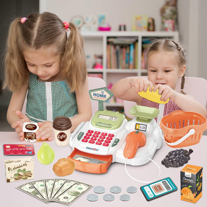 Cash Register 36PCS Supermarket Shop Toys with Electronic Sounds,Working Scanner,Calculator,Credit Card Reader,Play Food and Money Preschool Learning for Girl Boys Kids (Green)