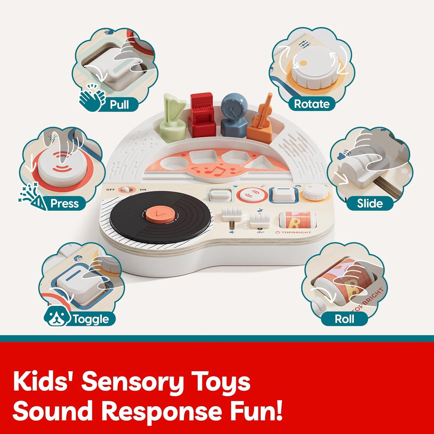 TOP BRIGHT DJ Music Busy Board - Wooden Toddler Toys for Boys and Girls，Montessori Sensory Toy with 14 Activities with Sound Blocks, Portable Travel Toy for 18M+