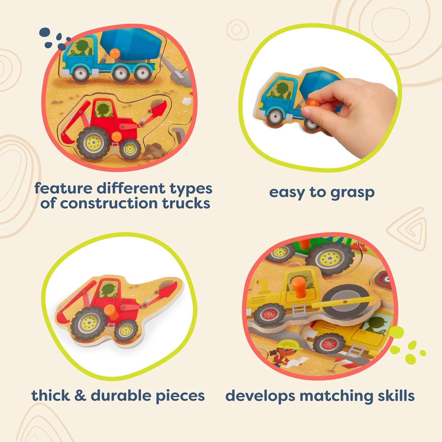 B. toys – Peek & Explore – Vehicles – Wooden Peg Puzzle for Toddlers, Kids – 8 Pieces – Fire Truck, Airplane, Taxi & More – 2+ Years