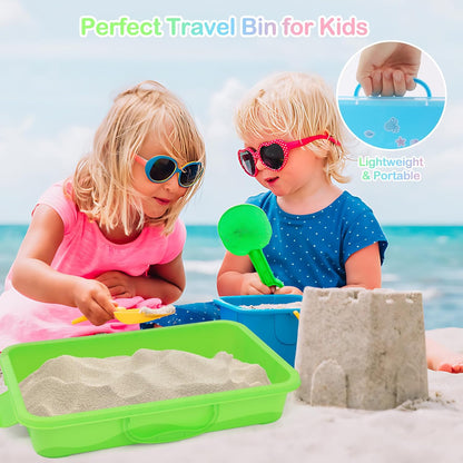 FIIOEOY 3 Pcs Sensory Bin Sand Tray with Lid & 3 Stickers, Stackable Plastic Storage Containers, Portable Sandbox, Organizers for Toys, Sand, Arts, Crafts (Blue, Green, Pink)