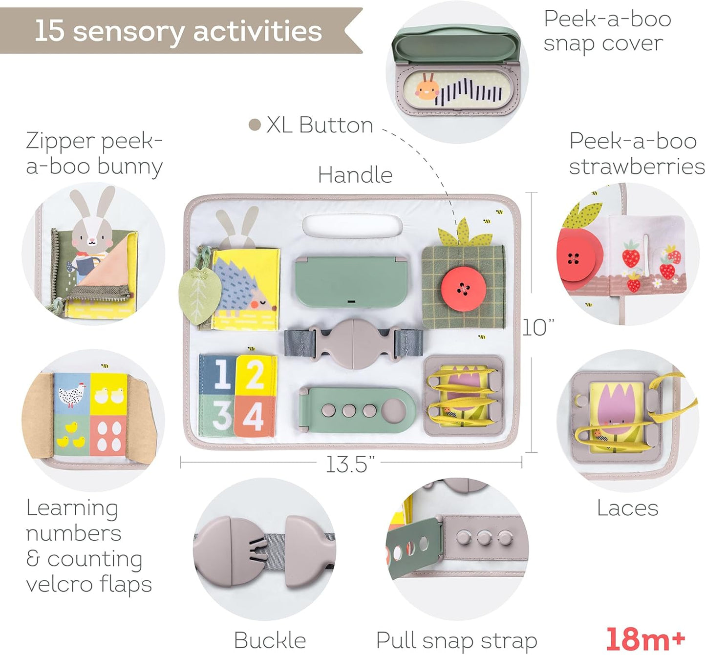 Taf Toys Snap'n Learn Board Busy Board for Toddlers 18 Months & up Montessori Sensory Activity Board Travel Toy Non-Toxic Educational Learning Toy for Boys & Girls Birthday Gift