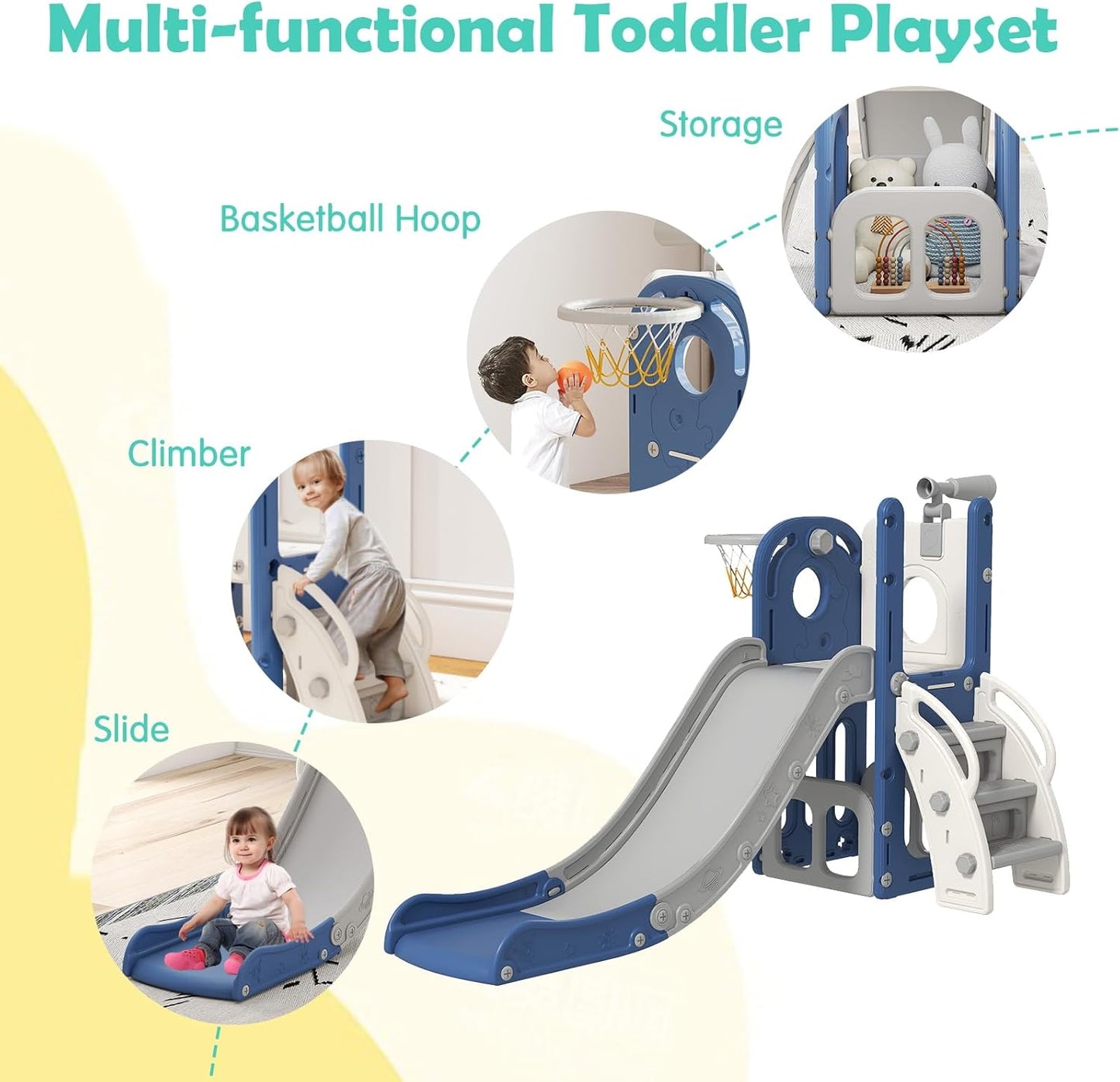 kinbor 6 in 1 Toddler Slide PlaySet - Indoor Outdoor Fun for Kids Ages 1-3, Includes Basketball Hoop, Telescope, Storage & Climber, Safe, Sturdy Baby Slide for Backyard Playground, Blue