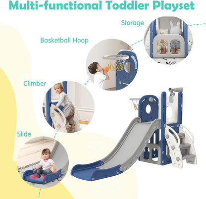 kinbor 6 in 1 Toddler Slide PlaySet - Indoor Outdoor Fun for Kids Ages 1-3, Includes Basketball Hoop, Telescope, Storage & Climber, Safe, Sturdy Baby Slide for Backyard Playground, Blue