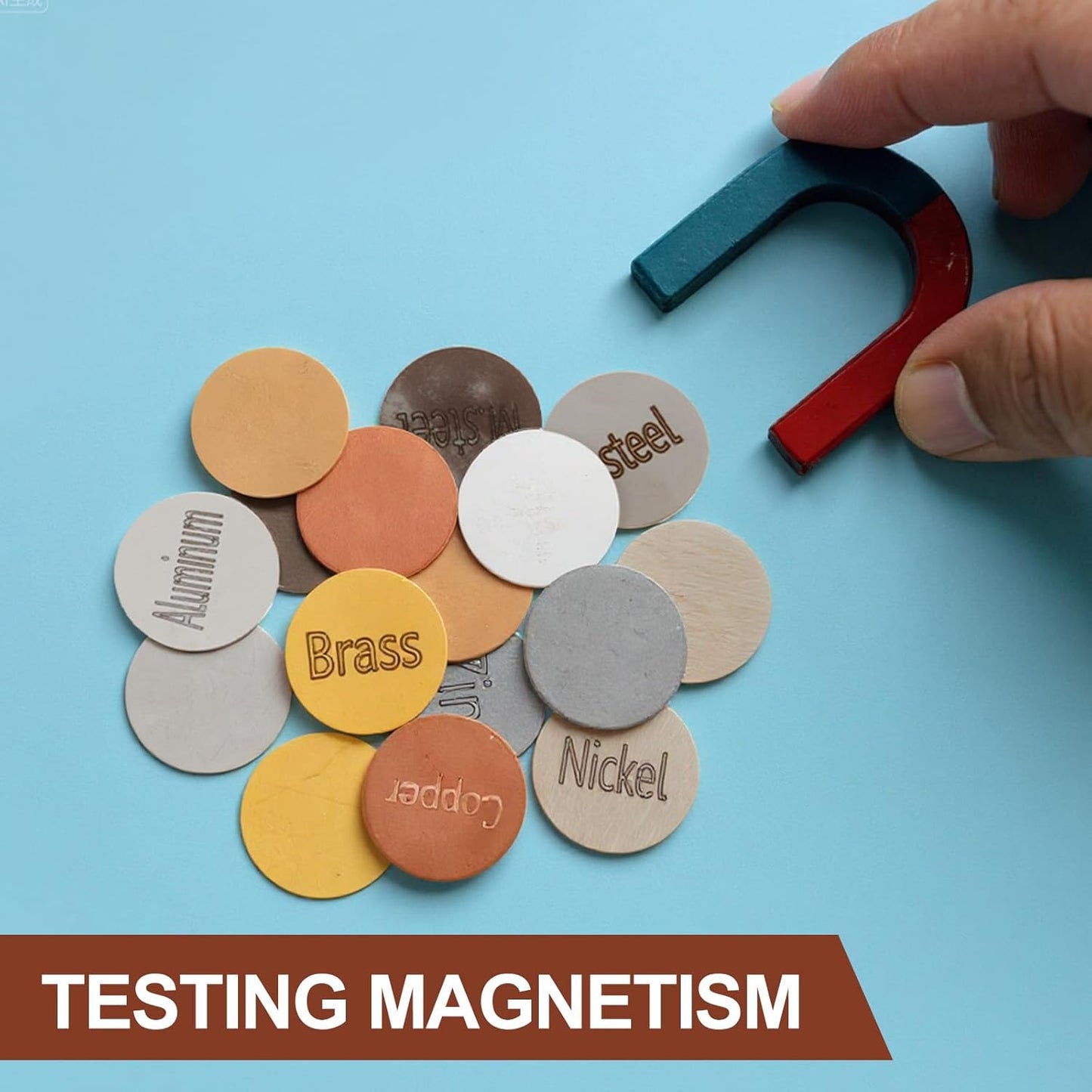 Moxweyeni 16 Piece Metal Identification Kit Magnetic and Non Magnetic Metal Discs Set with Storage Case for Educational Science Testing and Learning