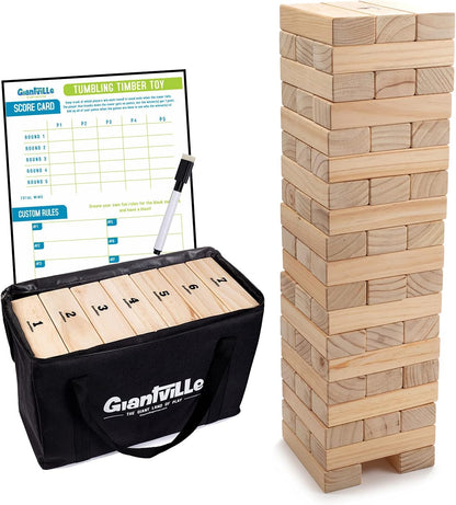 Giantville Giant Tumbling Timber Toy - STEAM-Credited Premium Pine Wood Blocks Tower - Indoor/Outdoor Yard Game for Kids & Adults - 56 Pieces + Carry Bag - Grows to Over 4 Feet