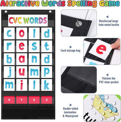 Pasimy CVC Word Pocket Chart with 65 Double-Sided Phonics Flash Cards Classroom CVC Word Literacy Games Preschool Kindergarten Classroom Must Haves for Learning Reading and Spelling(Blue)