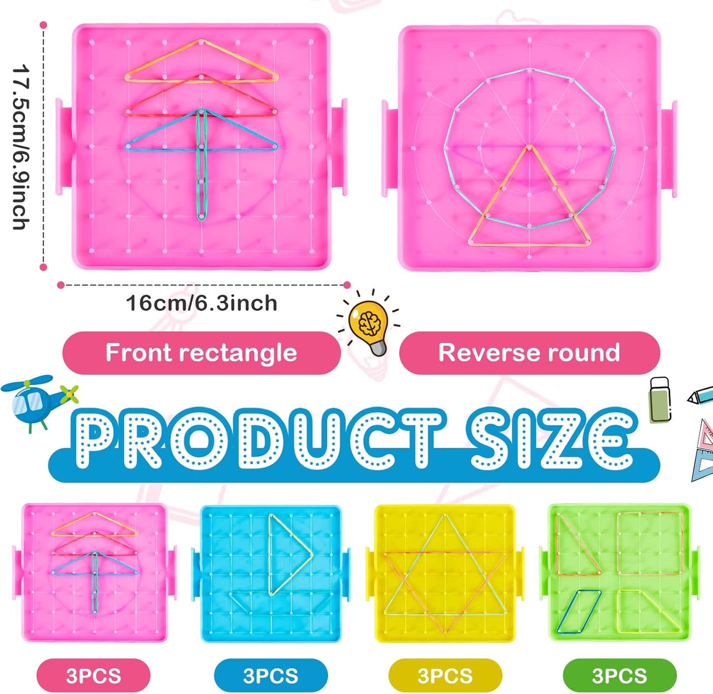 Deekin 24 Pcs Double Sided Geoboard Mathematical Kids Geoboards with Rubber Bands Math Manipulatives Toy for Geometry, 6.9 x 6.3 Inches Classroom Back to School