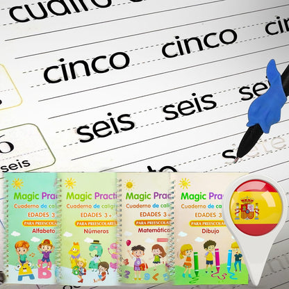 4 Magic Grooved Writing Practice for Kids - English Pre K Tracing Practice Book, Reusable Preschool Handwriting Workbooks Without Tears, 4-Theme Copybooks with Pen Refill for Age 3-10 (English, Small)