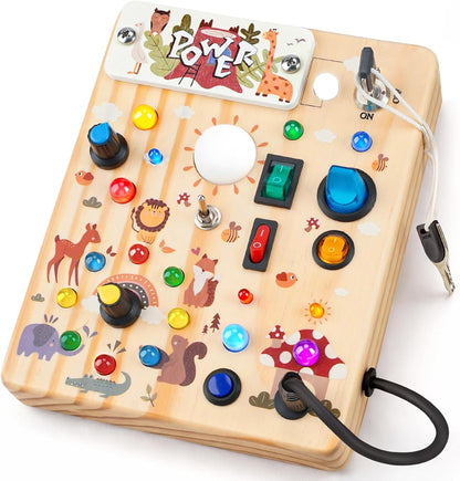 LED Busy Board for Toddlers - Montessori Sensory Toy with 10 Switches & 19 Lights, Wooden Activity Board for Fine Motor Skills, Ideal Educational Birthday Travel Toy Gift for 1 2 3 Year Old Boys Girls