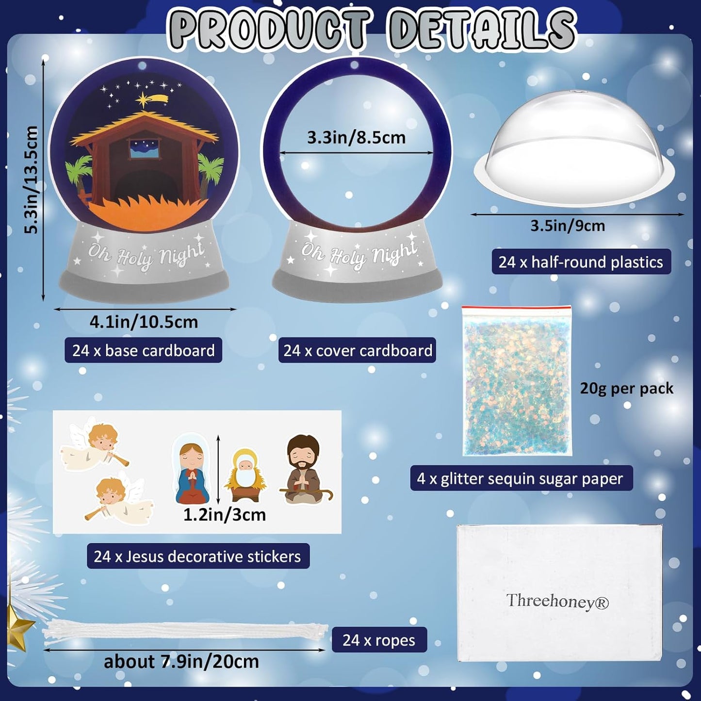 Threehoney 24 Pack Easter Nativity Craft Kit for Kids Toddler Jesus Birth Advent DIY Snow Globe Hanging Ornament with Glitter Sequin Paper Religious Holiday Classroom Decor(Joy,Silver)