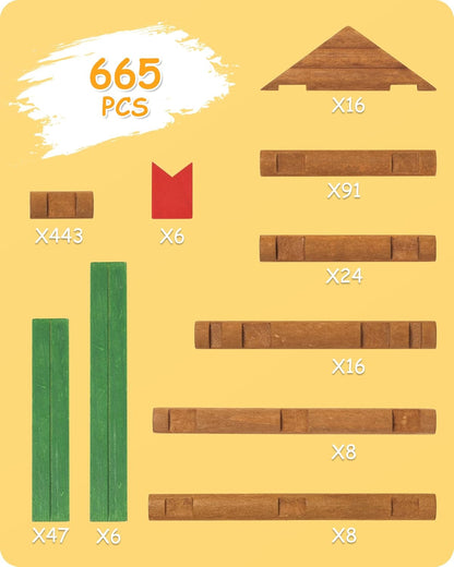 SainSmart Jr. 300 PCS Wooden Log Cabin Set Building House Toy for Toddlers, Classical STEM Construction Kit Compatible with Lincoln Logs for 3+ Kids