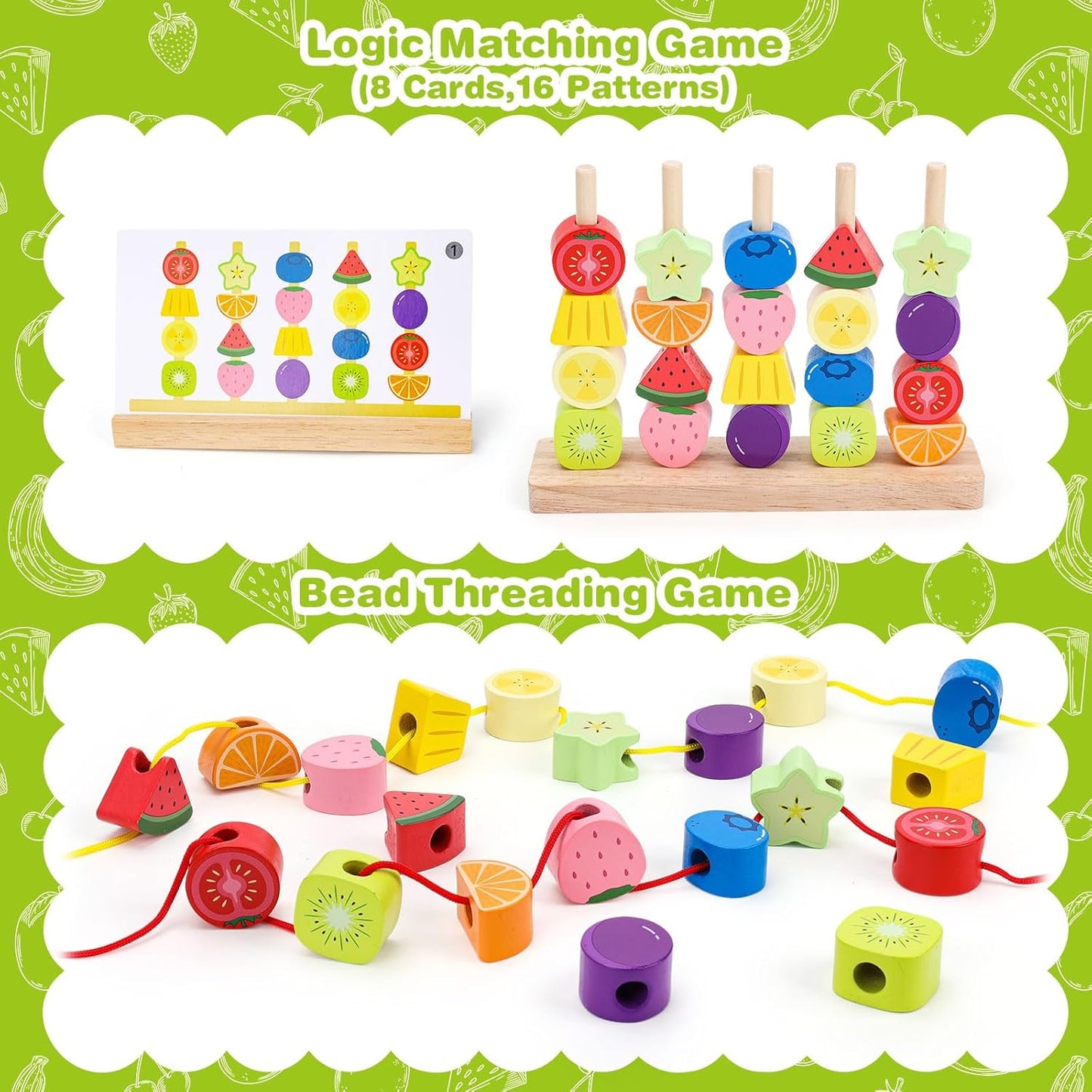 Appoft Montessori Wooden Beads Mastery Kit: Fine Motor Skills Builder for Toddlers 2-5 Stacking Blocks Lacing Beads Travel Learning Toys STEM Gifts for 2 3 4 5 Year Old Boys Girls Toys for Ages 2-4