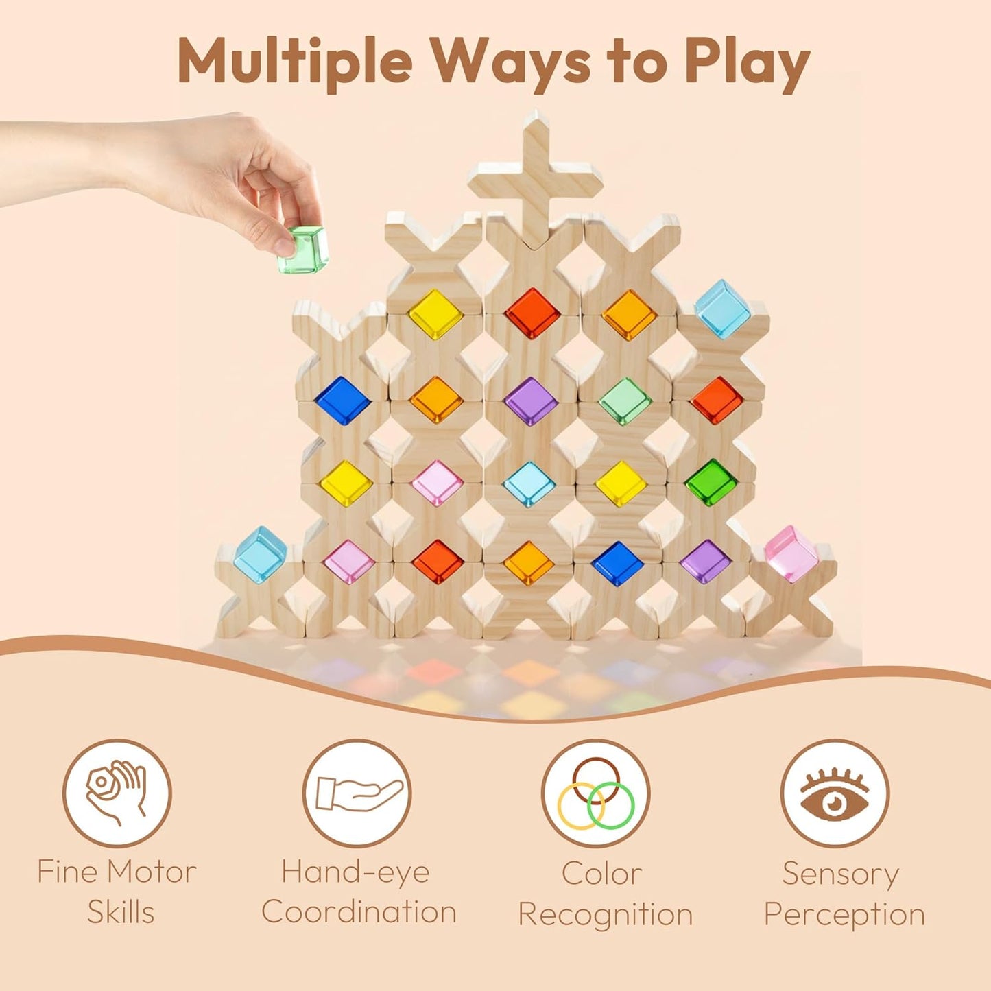 Woodtoe Wooden Building Blocks Set for Kids, 36 PCS Rainbow Acrylic Gem Blocks - 3 Wood House, Montessori Stacking Toy for Toddlers, Educational STEM Birthday Creative Toy Gift for Boys Girls 3-6