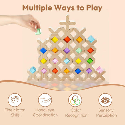 Woodtoe Wooden Building Blocks Set for Kids, 36 PCS Rainbow Acrylic Gem Blocks - 3 Wood House, Montessori Stacking Toy for Toddlers, Educational STEM Birthday Creative Toy Gift for Boys Girls 3-6