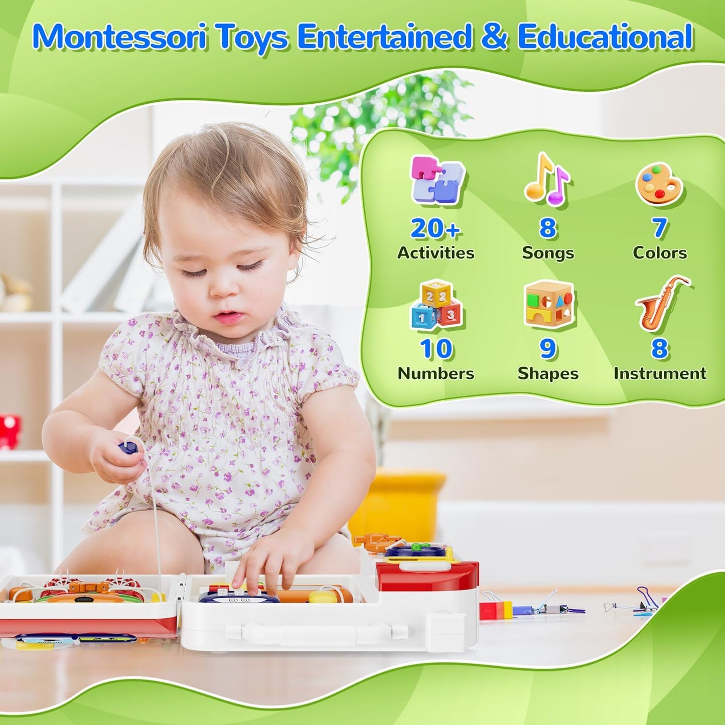 MFEESYOB Montessori Toys for 1 Year Old Boy Girl, Musical Montessori Busy Board for 12-18 Month Age, Educational Montessori Toy for Toddlers 1-3, Birthday Gift for 1+ Year Old Boy Girl