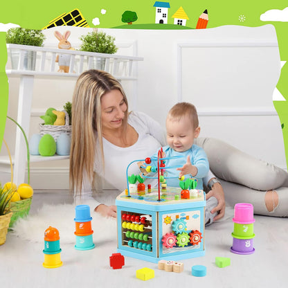 Wooden Activity Cube for 1 Year Old Kids, Educational Learning Bead Maze for Toddler Age 1-3, Developmental Montessori Toys for 12-36 Months Boys Girls Gift
