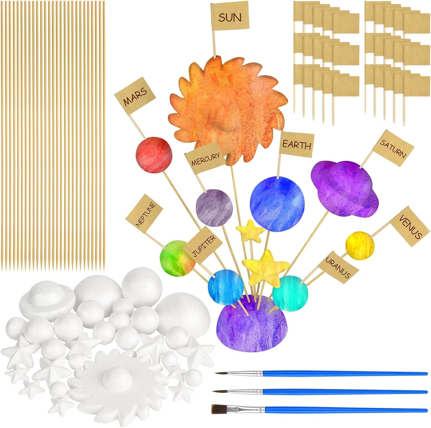 100 Pieces Solar System Model Foam Ball Kit Includes Mixed Sized Polystyrene Balls Toothpick Flag Bamboo Sticks Painting Brushes for School Science Project DIY Planet Handcraft