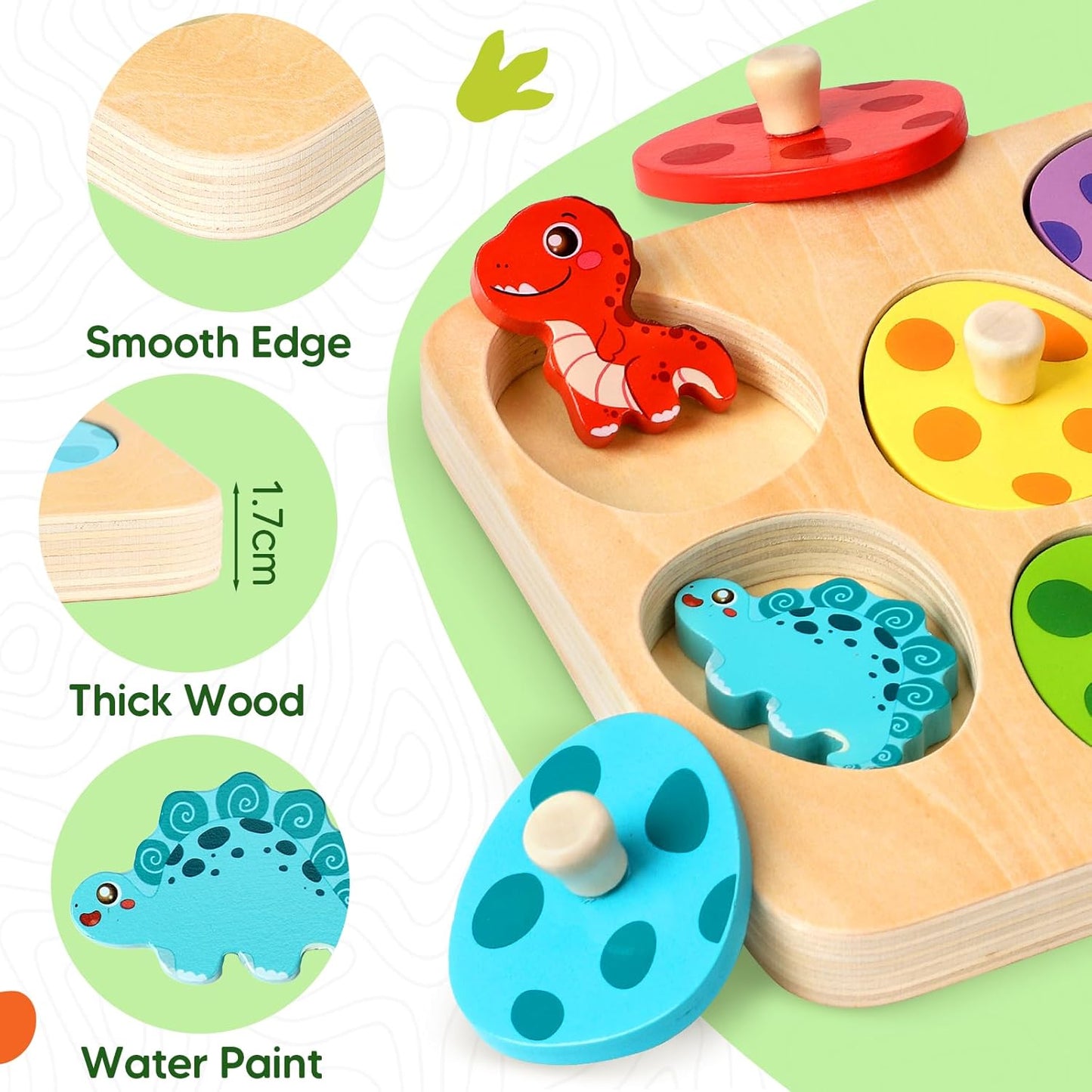 Easter Wooden Puzzles for Toddlers 1-3, Dinosaur Egg Sorting & Matching Peg Puzzle, Preschool Montessori Educational Toys for 1 2 3 Year Old Boys Girls, Easter Basket Stuffers Gifts Party Favors