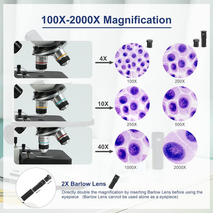 Microscope for Adults Kids Students, 100X-2000X Microscopes, Metal-Body Dual LED Illumination, Biological Compound Monocular Microscope Kit for School Lab, Homeschool w/Phone Adapter