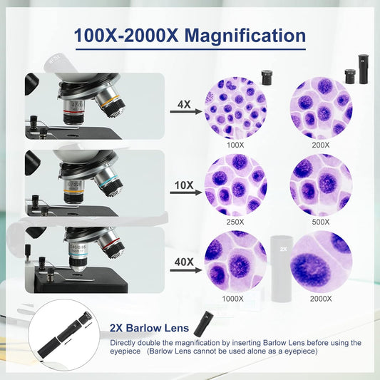 Microscope for Adults Kids Students, 100X-2000X Microscopes, Metal-Body Dual LED Illumination, Biological Compound Monocular Microscope Kit for School Lab, Homeschool w/Phone Adapter