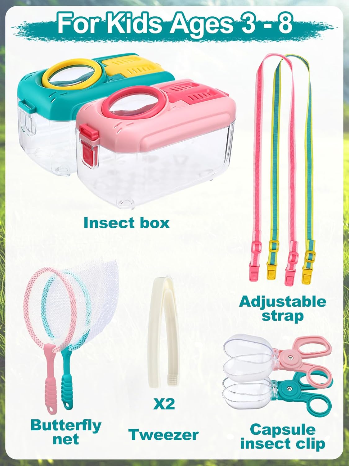 2Sets Bug Catcher for Kids - Sturdy Kids Bug Catching Kit Gifts with Collector Butterfly Net Tweezer, Bugs Habitat Outdoor Explorer Kit for Age 3 4 5 6 7 8, 8Pcs
