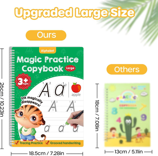 Large Magic Grooved Practice Copybook 5 Pack with Pens, Reusable Children's Magic Copybooks, Magical Handwriting Workbooks Number Letter Tracing for Kids Age 3-8 Kindergarten Preschool Calligraphy