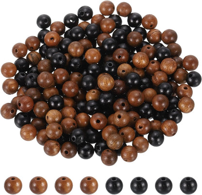HARFINGTON 200pcs Round Wooden Beads, 10mm Dia Small Wood Beads for DIY Crafts, Bracelet, Wristlet, Necklace, Jewelry Making, Khaki Brown&Black