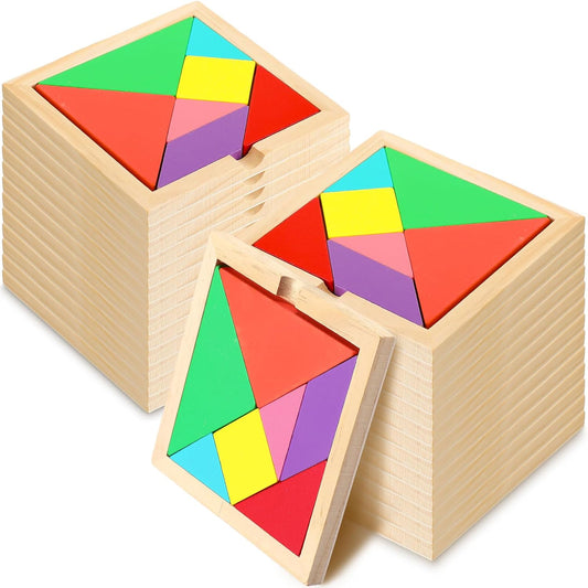 Syhood 24 Pieces Tangrams Puzzles for Students Party Favors Wooden Tangram Pattern Blocks Brain Logic Blocks for Manipulatives Games Educational Gifts and Party Favors(Classic)