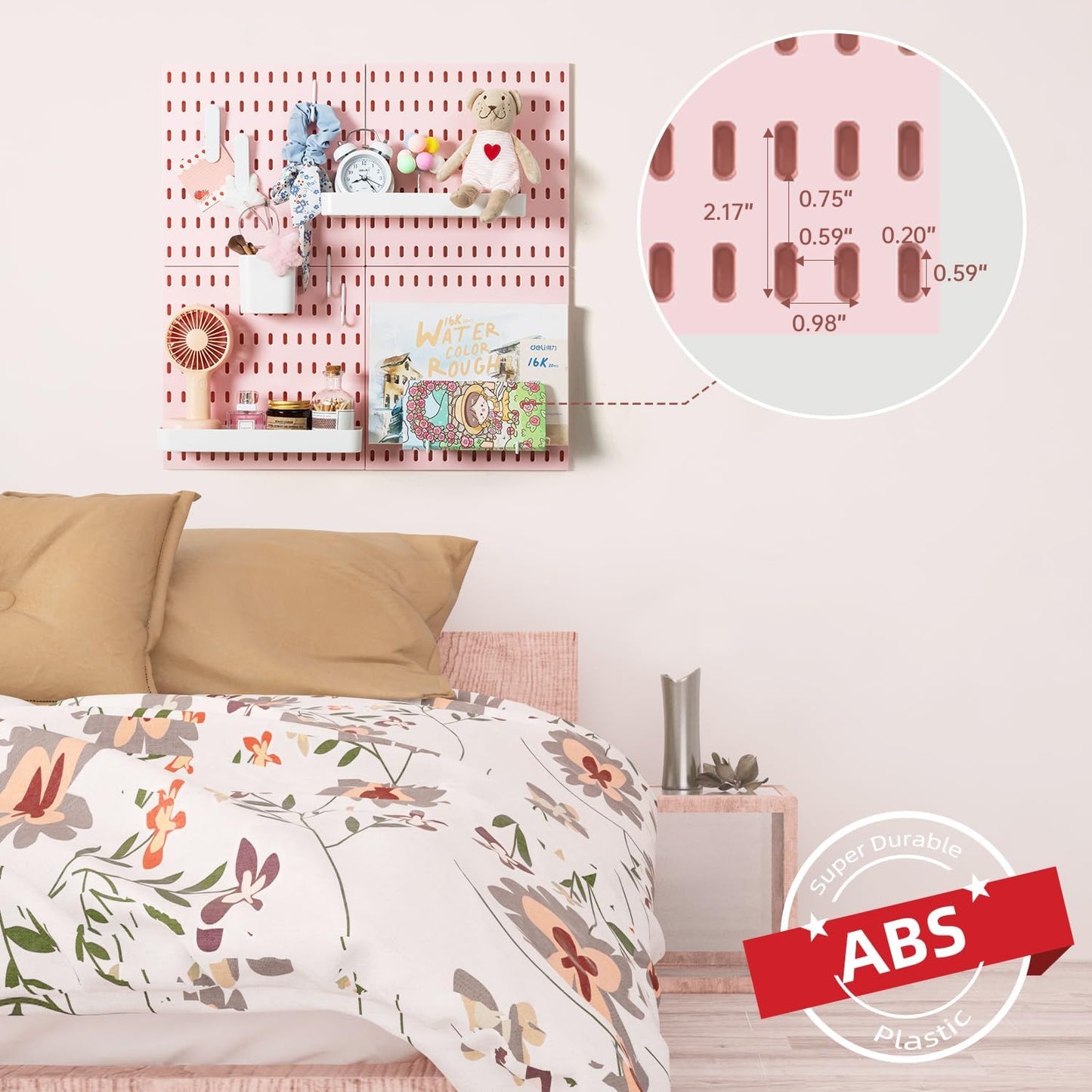 VUSIGN Pegboard Combination Wall Organizer Kit, 4 Pieces Pegboards and 17 Accessories Modular Hanging, Wall Mount Display Peg Board Panel Kits for Bedroom, Home, Office, Bathroom, 22" x 22", Pink