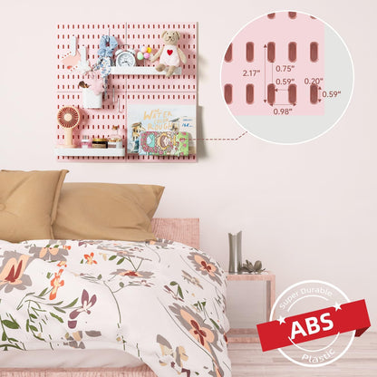 VUSIGN Pegboard Combination Wall Organizer Kit, 4 Pieces Pegboards and 17 Accessories Modular Hanging, Wall Mount Display Peg Board Panel Kits for Bedroom, Home, Office, Bathroom, 22" x 22", Pink