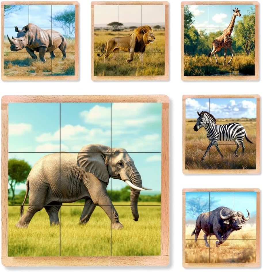 6-in-1 Wooden Animal Puzzle – Montessori Cube Toy for Kids – Realistic Farm Animals Educational Wood Blocks for Toddlers Ages 3–6