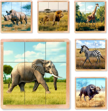 6-in-1 Wooden Animal Puzzle – Montessori Cube Toy for Kids – Realistic Farm Animals Educational Wood Blocks for Toddlers Ages 3–6