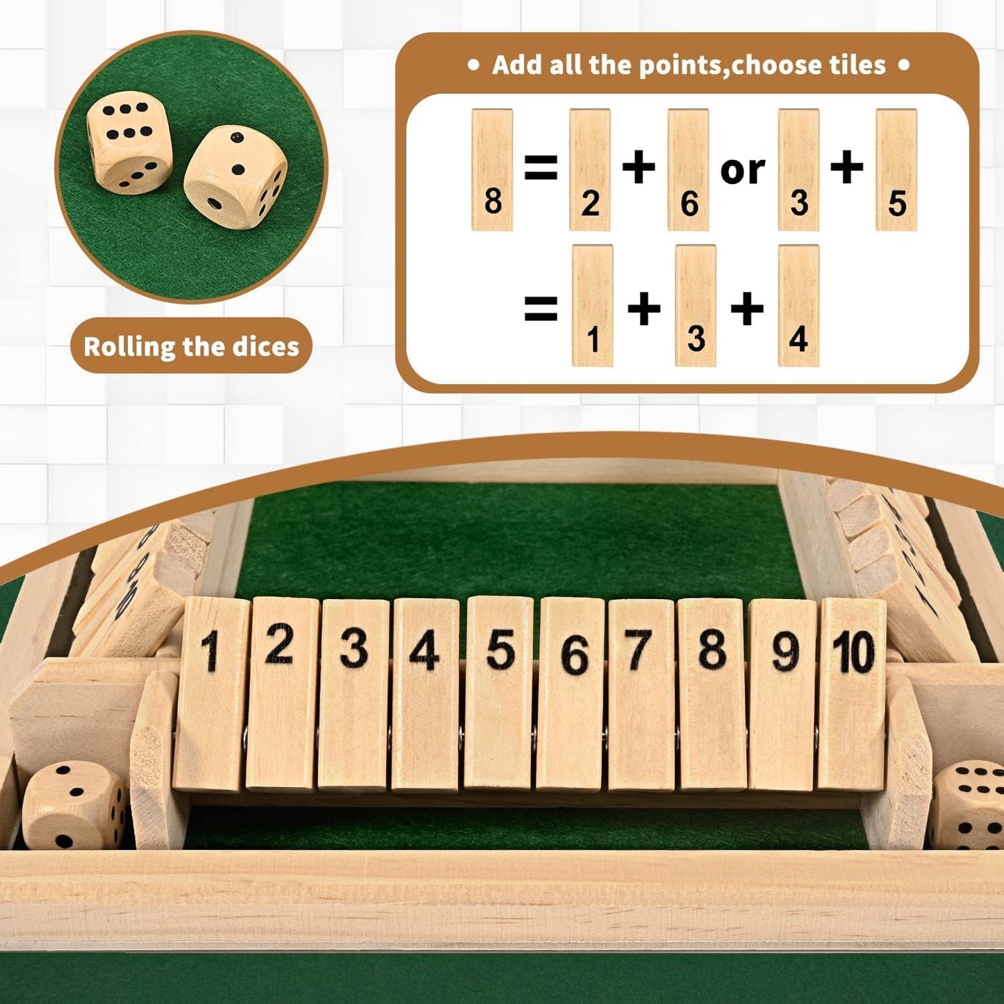 1-4 Players Shut The Box Dice Game, 10 Numbers Traditional Wooden Pub Bar Board Family Table Mat Game Dice for Adults