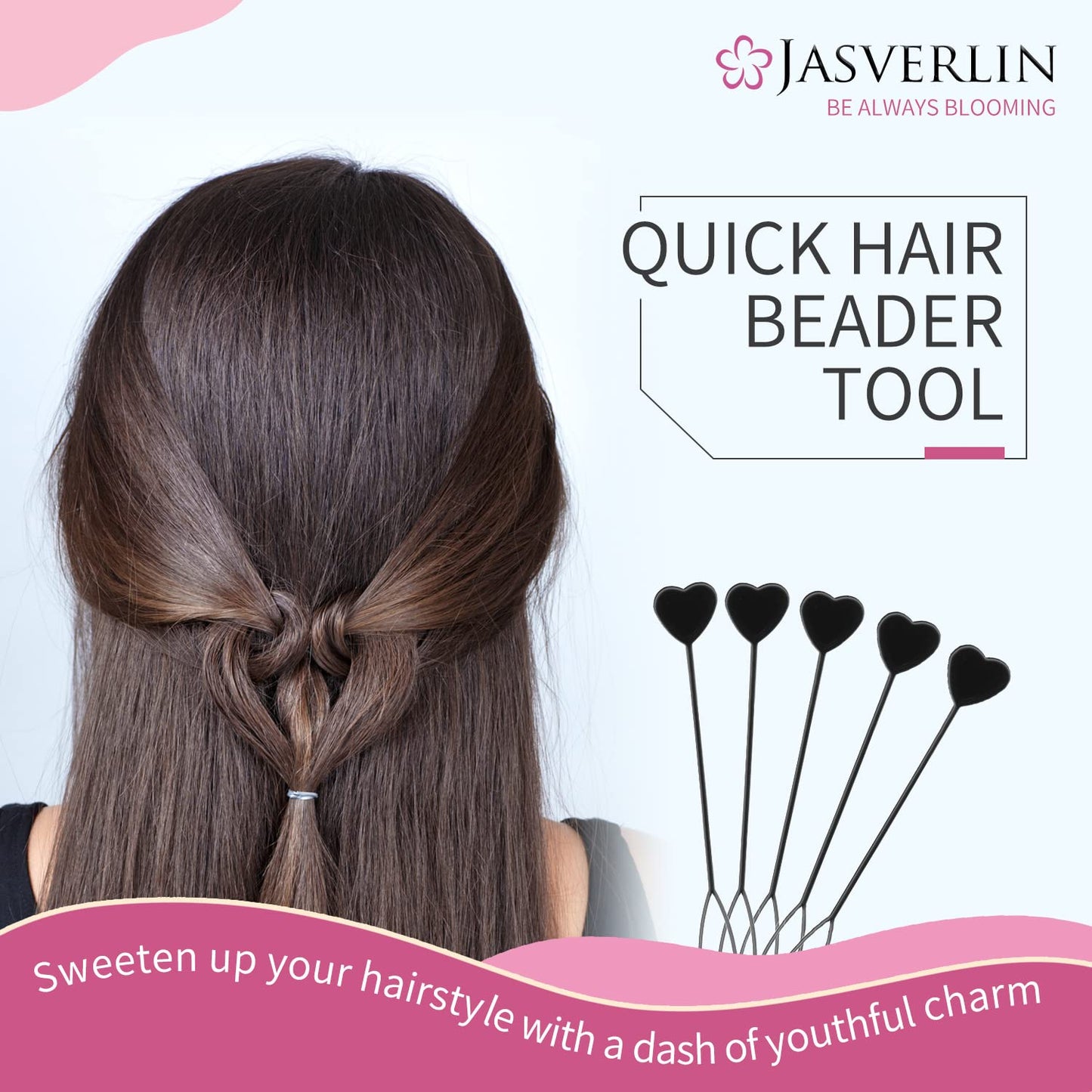 JASVERLIN Hair Beader Tool: Automatic Beads Loader for Braids, Ponytails, and Hair Threading Applicator Set (15 pcs, Black)